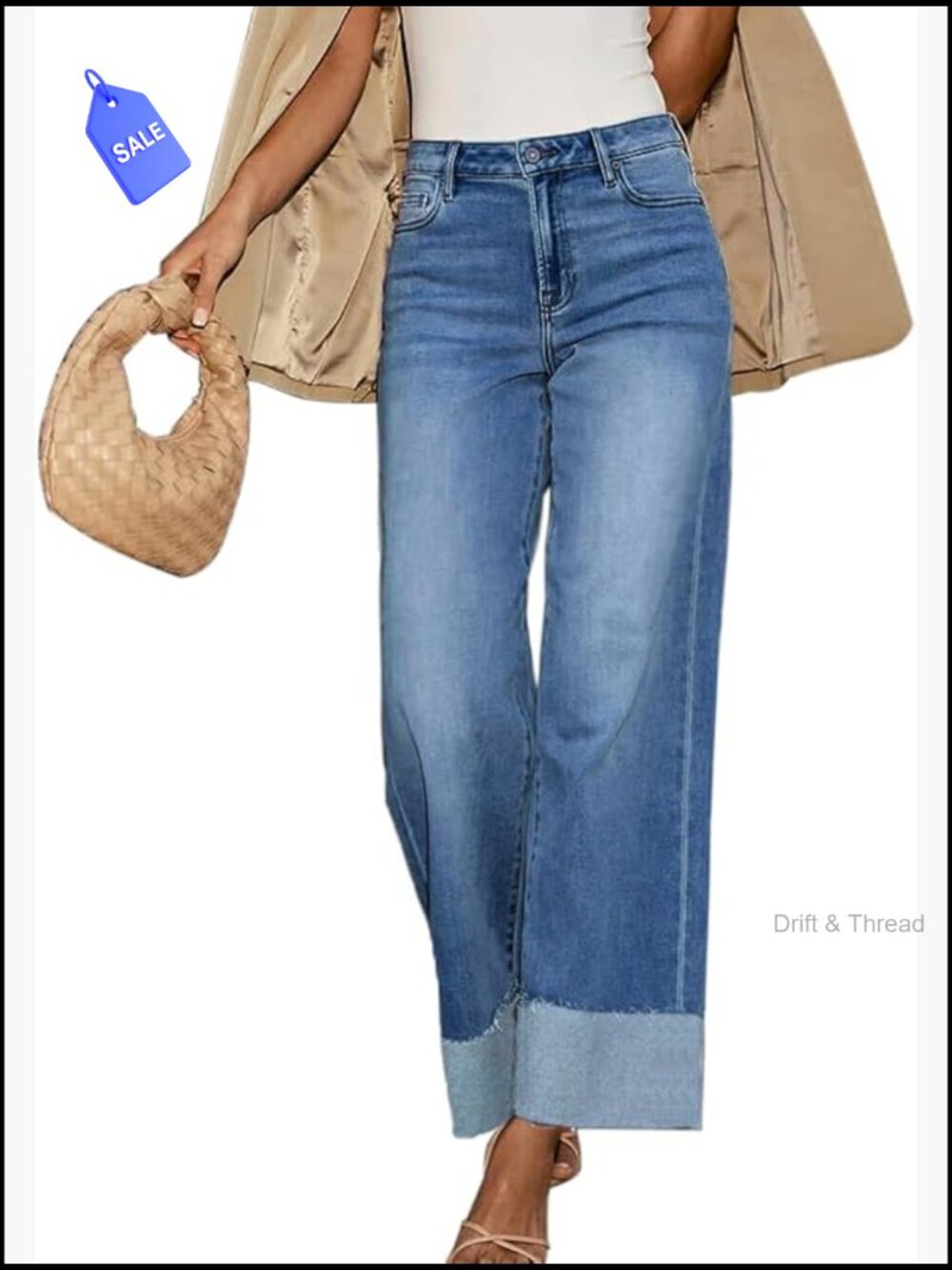 High Waisted Wide Leg Cuffed Jeans Frayed Raw Hem Stretch Denim